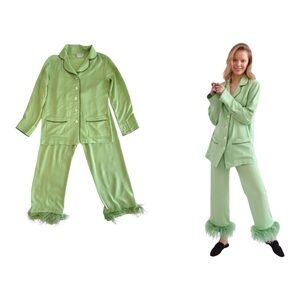 Sleeper Party Pajamas Set Mint Green Feather Trim Viscose S Luxury Loungewear